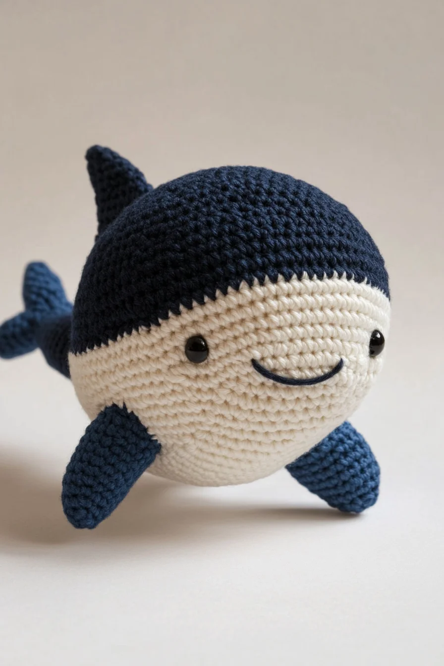 Cute crochet shark amigurumi plush toy in blue and white, handmade ocean animal, kawaii amigurumi design