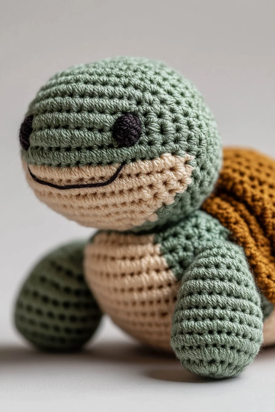 Cute crochet amigurumi turtle in green and beige yarn, handmade toy example for turtle amigurumi pattern ideas
