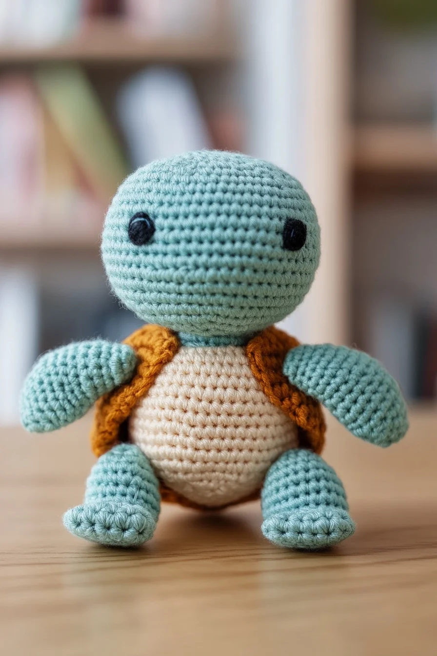 Cute handmade crochet amigurumi turtle with green shell and beige body, perfect for amigurumi pattern ideas