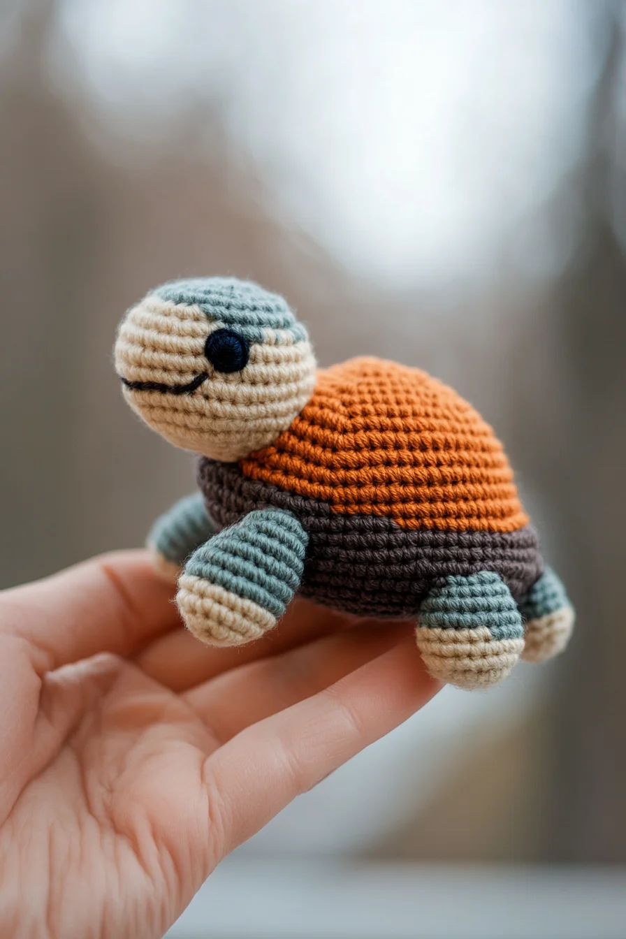 Cute green crochet turtle amigurumi with smiling face, handmade toy from easy amigurumi pattern on white background