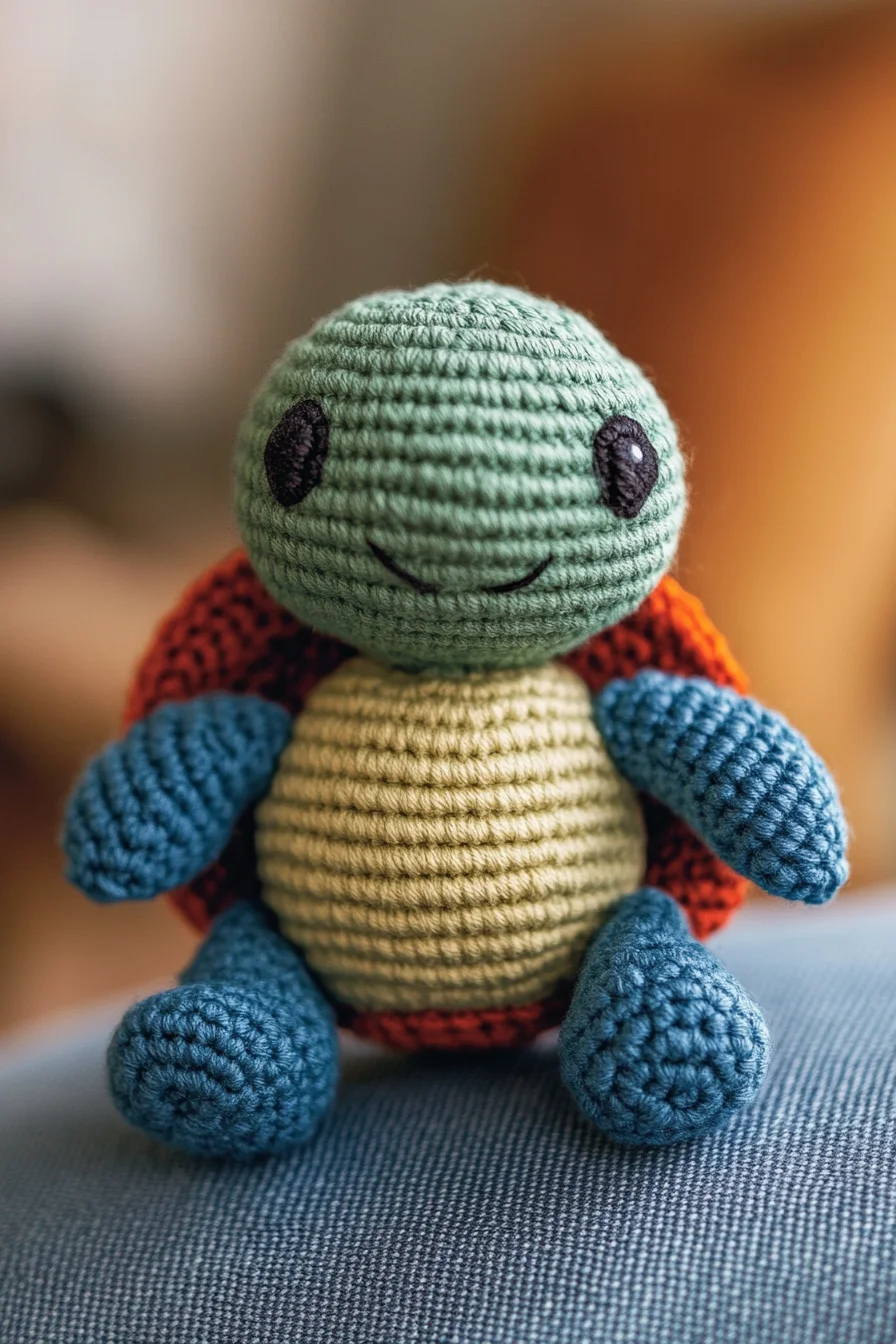 Cute crochet amigurumi turtle with green shell and beige body, handmade toy for beginner amigurumi pattern