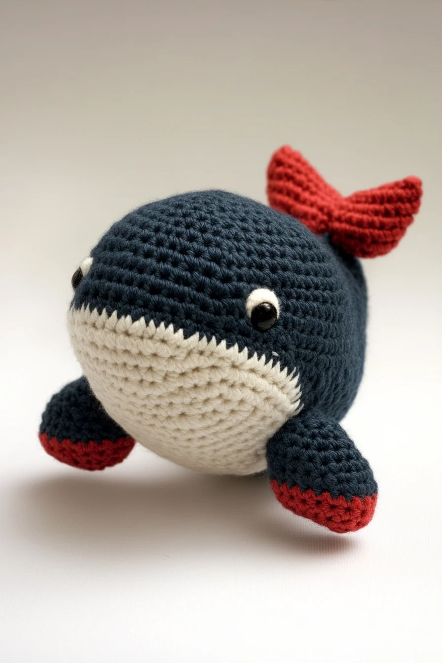 Cute crochet whale amigurumi in blue and white yarn, finished handmade toy for beginner amigurumi pattern