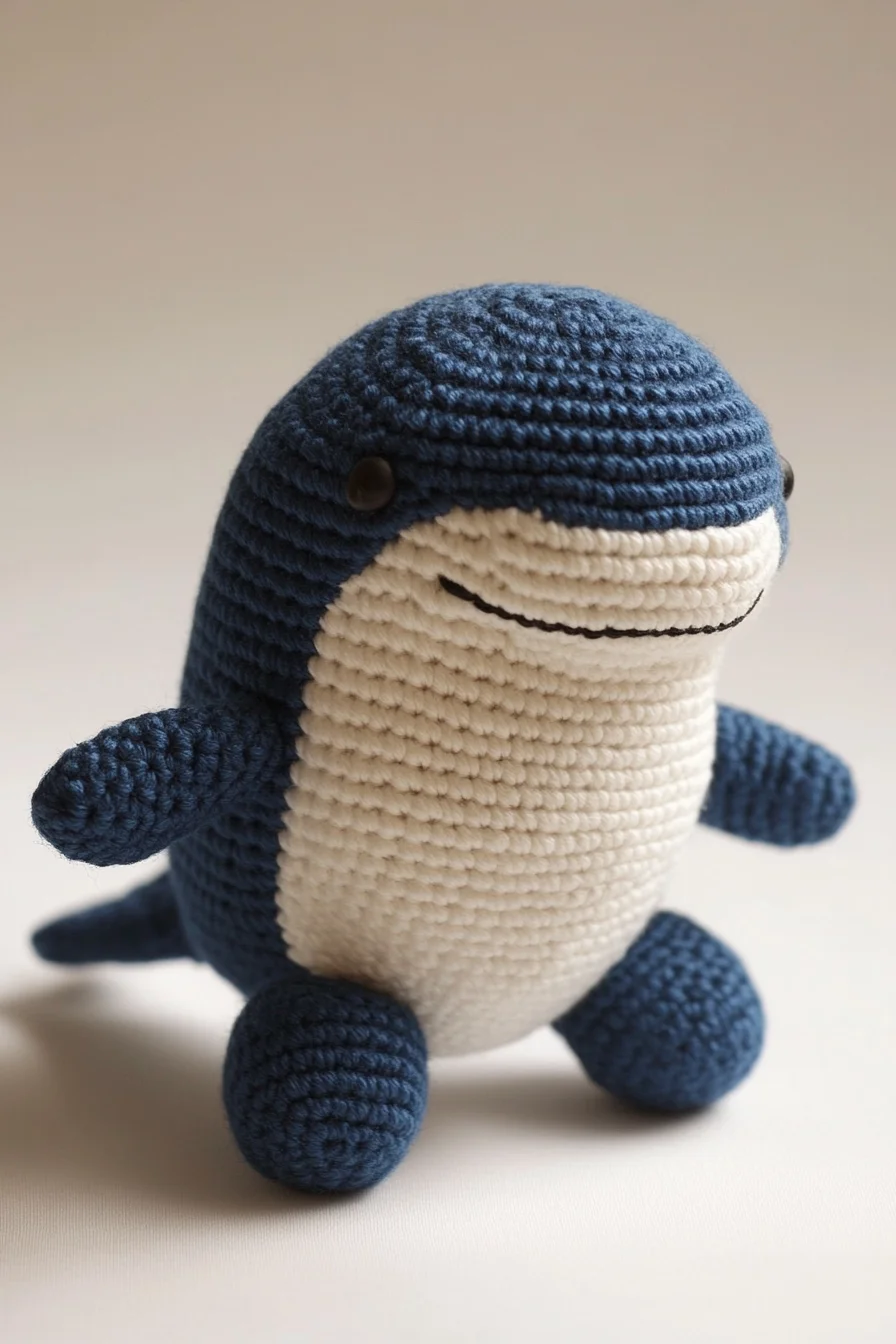 Handmade crochet amigurumi whale in blue yarn with white belly, cute kawaii ocean animal plush toy pattern