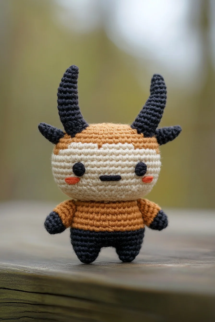 Cute horned amigurumi monster plushie in blue and purple yarn, handmade crochet toy on white background