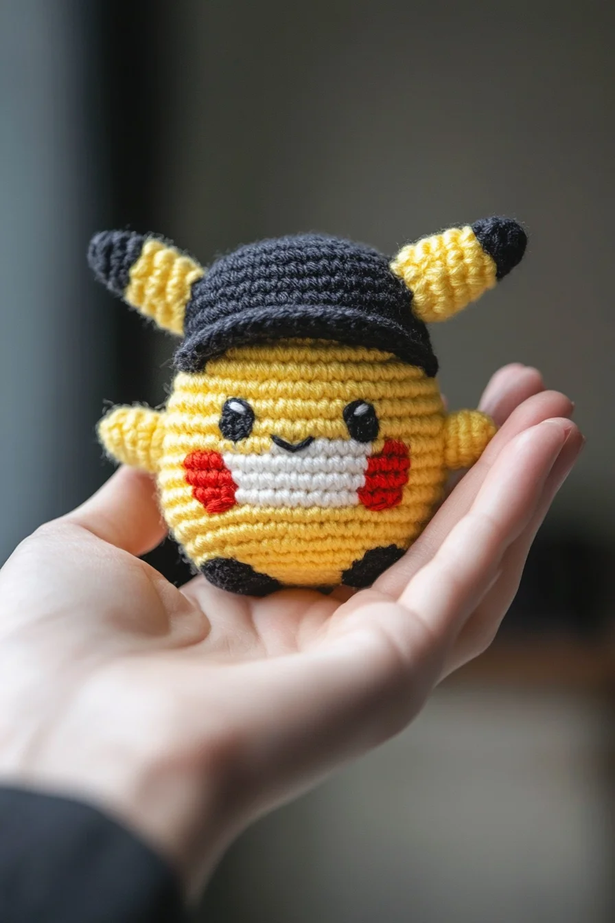 Handmade crocheted amigurumi Pikachu plush toy in yellow yarn, cute kawaii design for crochet pattern inspiration