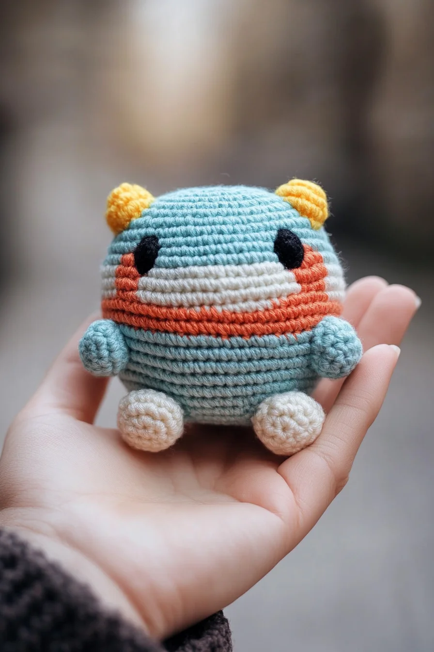 Round purple amigurumi monster plushie with big eyes and tiny horns, handmade crochet toy, cute amigurumi pattern inspiration