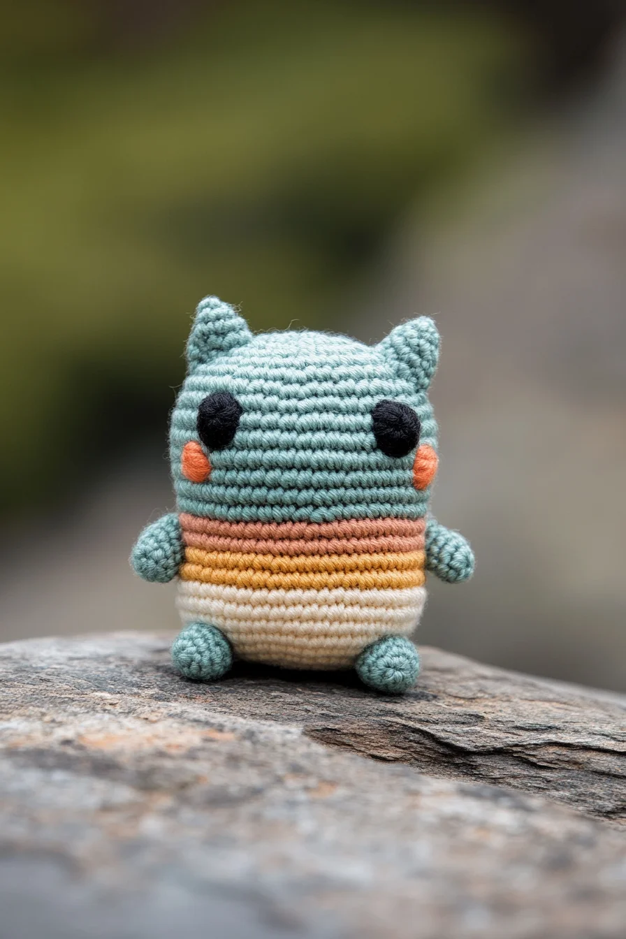 Cute striped amigurumi cat in pastel colors, handmade crochet toy pattern for kawaii animal lovers