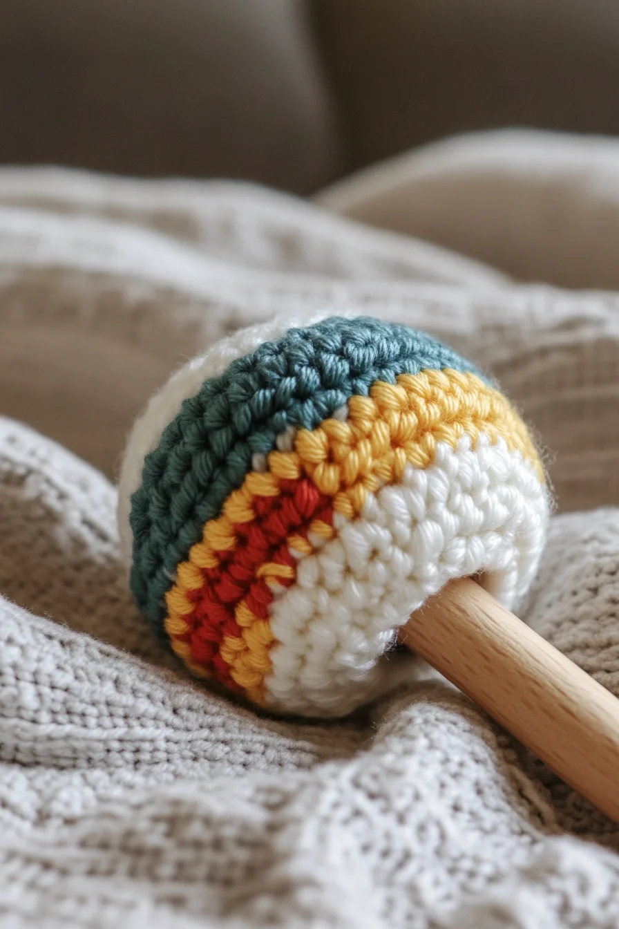 Handmade amigurumi baby rattle with retro striped crochet pattern in pastel colors on white background