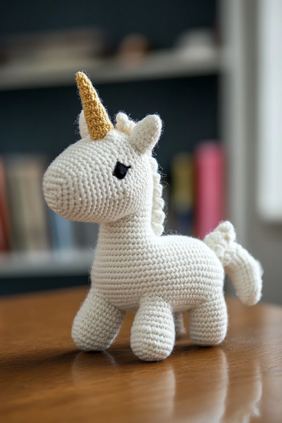 Handmade amigurumi unicorn in pastel colors with crochet details, cute kawaii design for amigurumi pattern inspiration