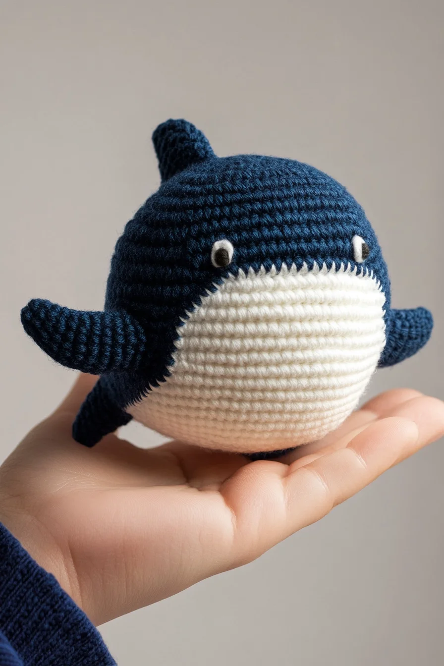 Cute blue crocheted amigurumi whale plushie with white belly, handmade toy for ocean animal crochet pattern