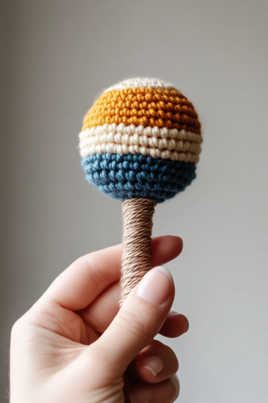 Easy amigurumi baby rattle in modern striped crochet design, handmade kawaii crocodile toy pattern