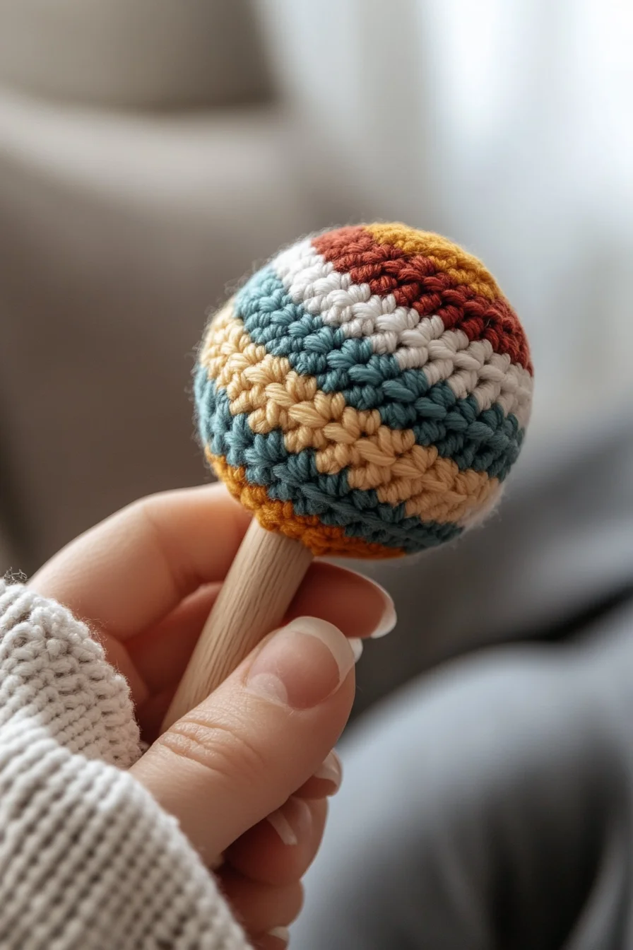 Handmade striped crochet amigurumi baby rattle in modern colors, easy beginner amigurumi pattern for cute handmade toys