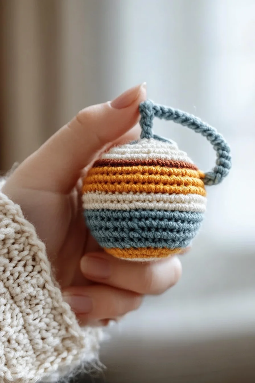 Easy striped amigurumi ornament in modern pastel colors, handmade crochet pattern for cute DIY crochet crafts