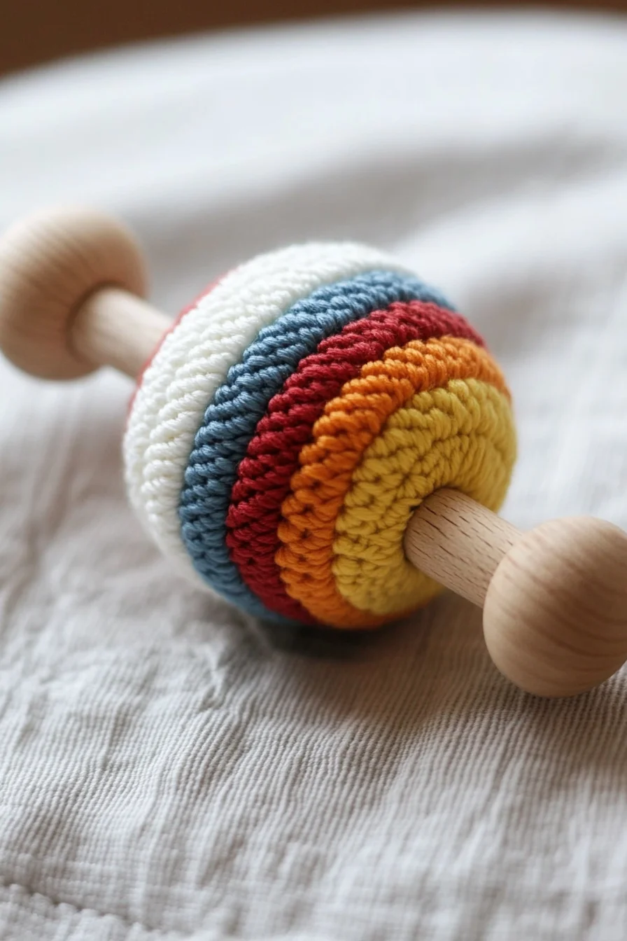 Handmade colorful striped crochet amigurumi baby rattle toy, unique kawaii design for cute amigurumi inspiration