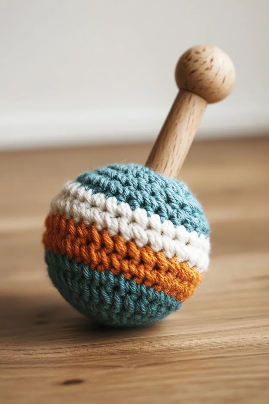 Handmade crochet amigurumi baby rattle in soft pastel colors, featuring a cute animal design, perfect for kawaii crochet toy 