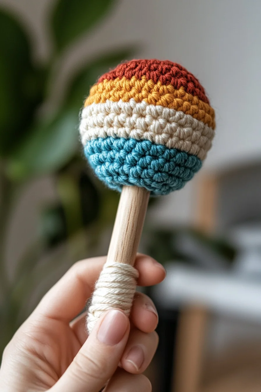 Handmade amigurumi rainbow rattle in bright crochet yarn, cute DIY crochet toy for baby, kawaii amigurumi inspiration