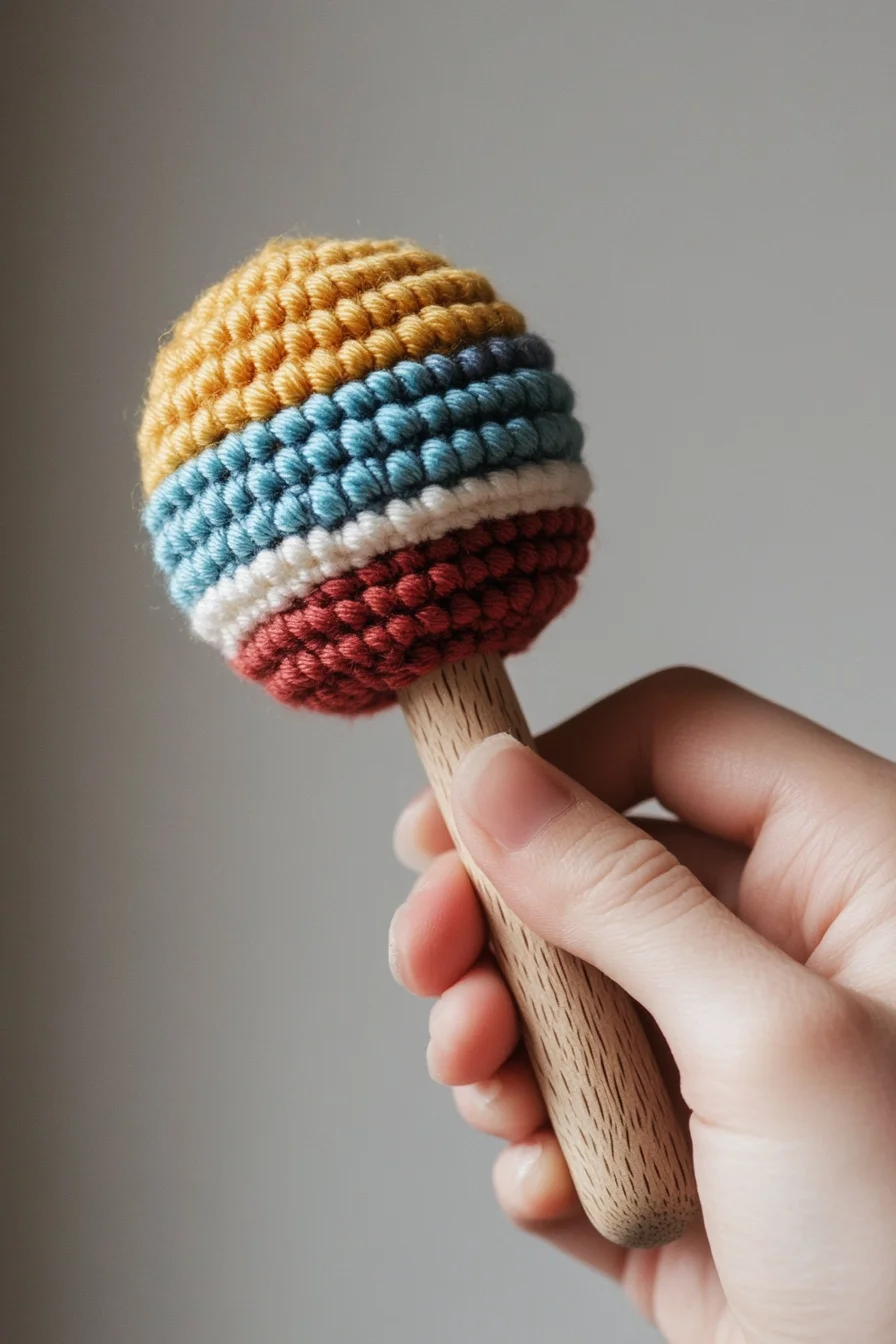 Colorful striped crochet amigurumi rattle handmade with soft yarn, cute toy for baby, amigurumi pattern inspiration