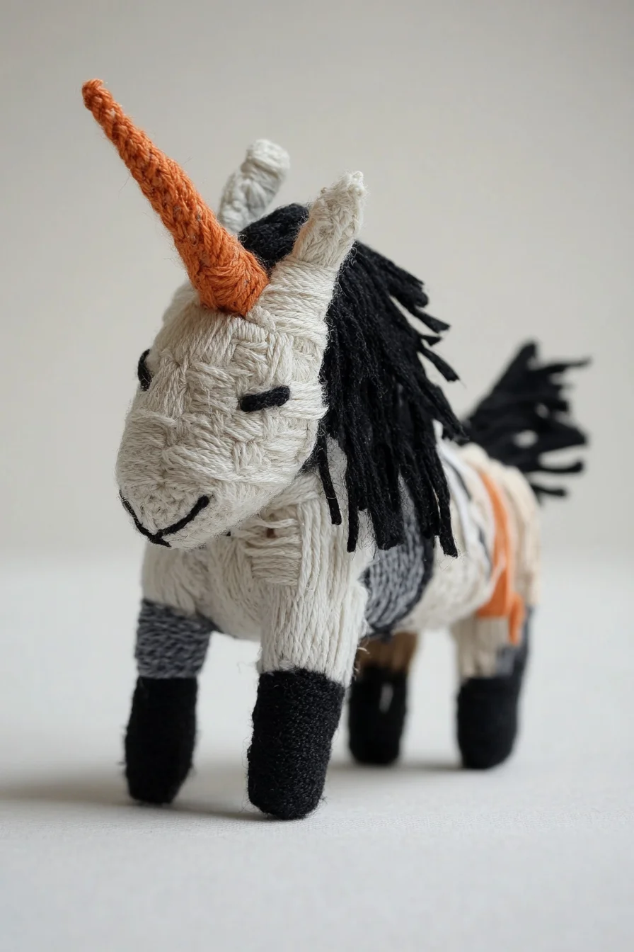 Handmade amigurumi unicorn plushie in pastel yarn, featuring a rainbow mane, perfect for cute crochet pattern inspiration