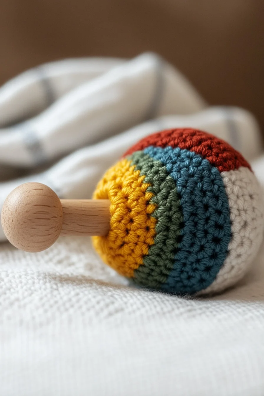 Handmade crochet amigurumi rainbow baby rattle with wooden ring, cute kawaii toy for crochet pattern inspiration