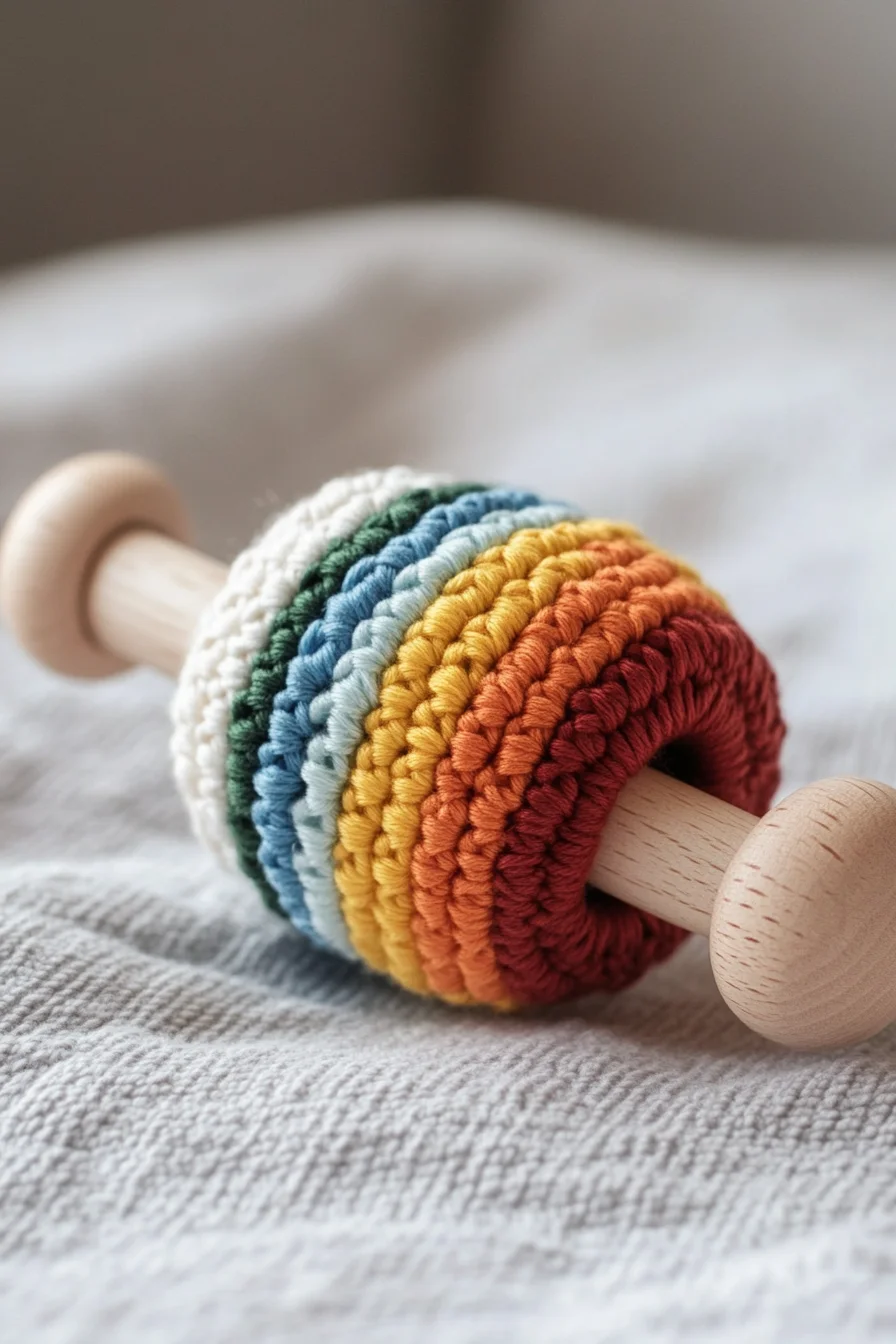 Handmade rainbow crochet amigurumi baby rattle featuring modern design and soft pastel colors