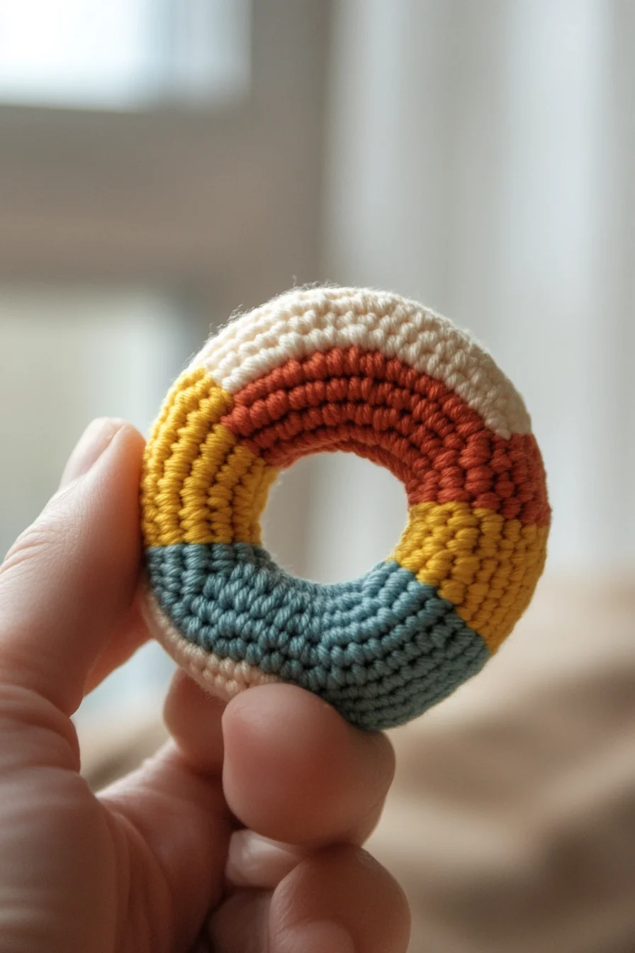 Handmade retro rainbow amigurumi donut with colorful crochet sprinkles, cute crochet pattern for kawaii toy lovers