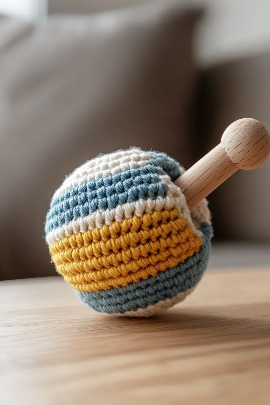 Modern crochet amigurumi baby rattle in neutral colors, handmade toy pattern for cute nursery gift