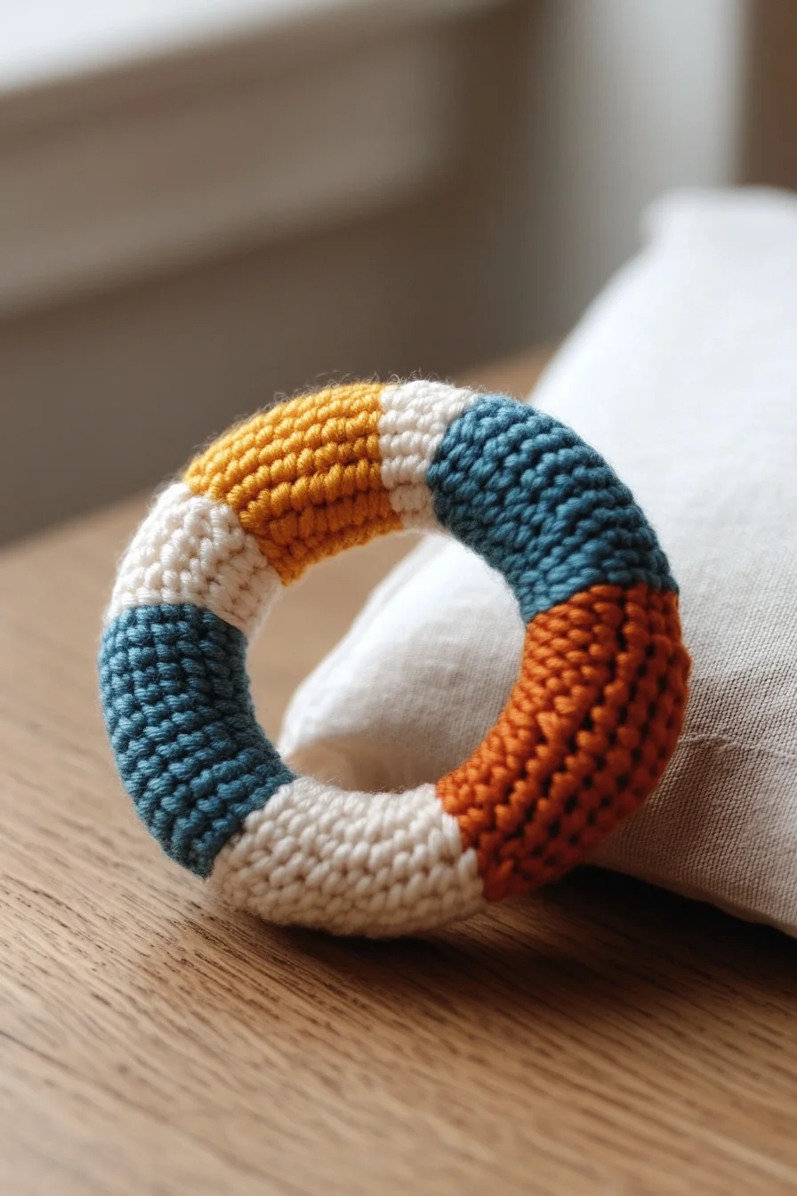 Modern amigurumi crochet ring teether toy in natural wood and pastel yarn, cute handmade baby gift idea