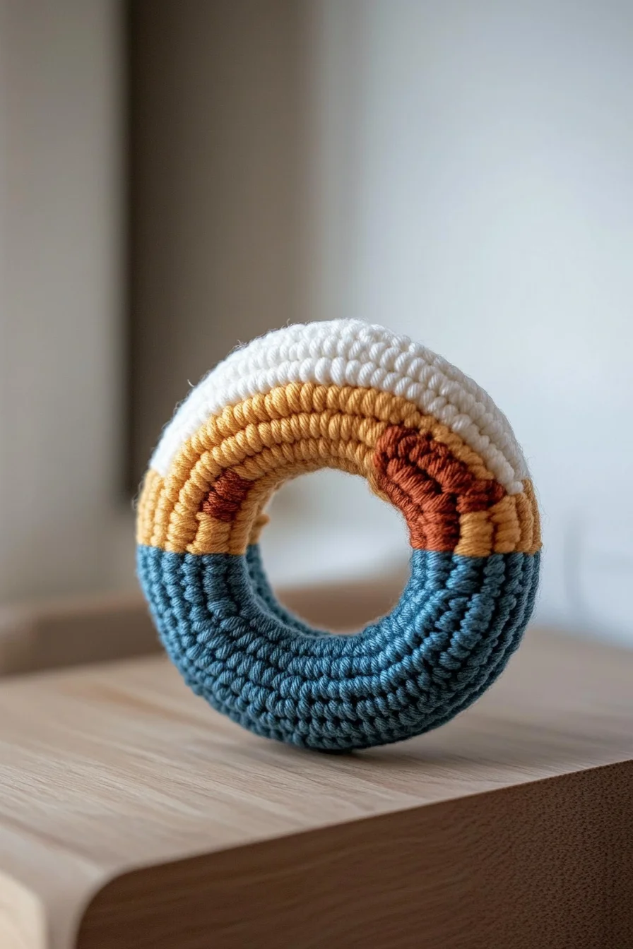 Handmade crochet amigurumi donut teether in modern boho style, perfect for cute baby toy or DIY crochet pattern ideas