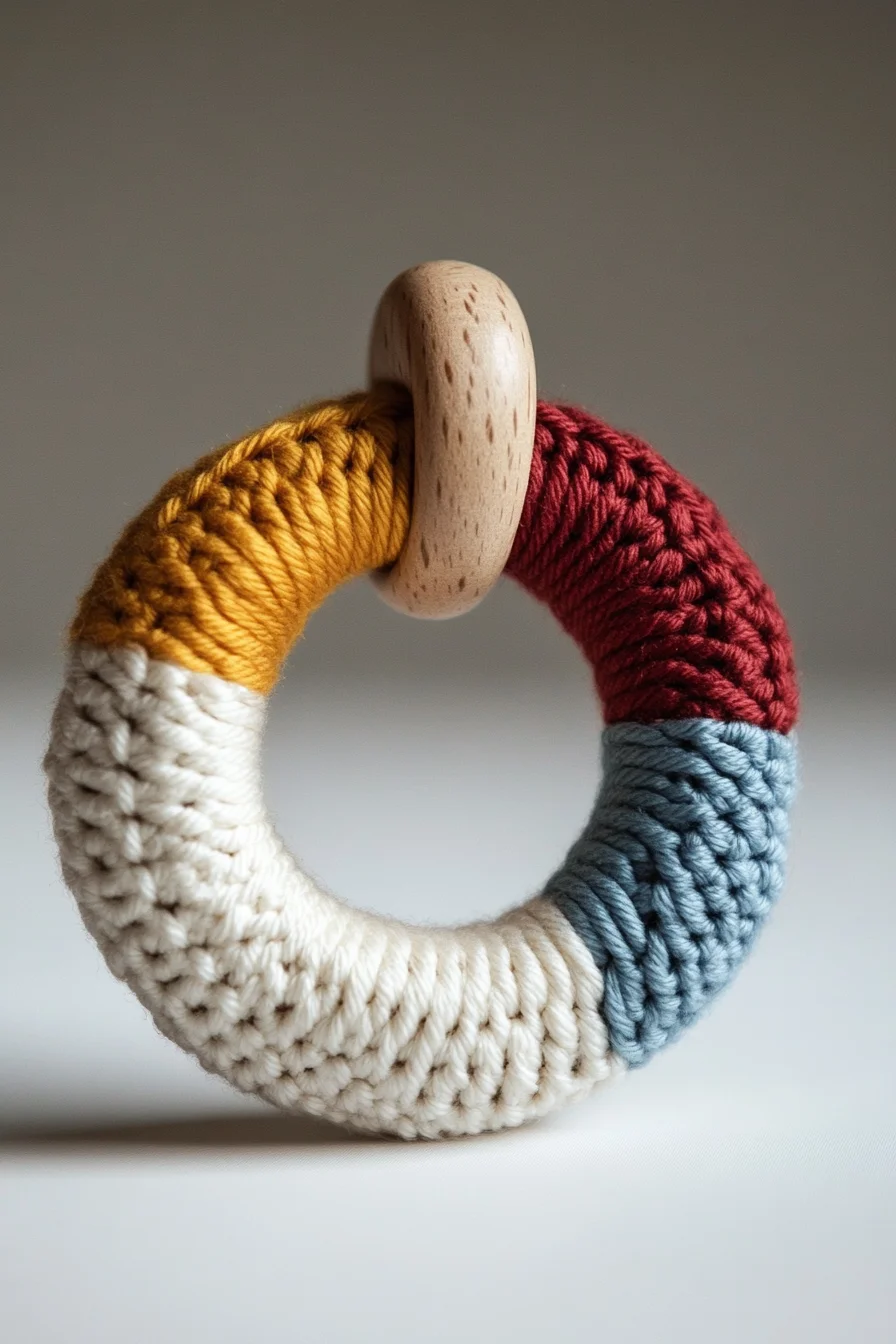 Modern crochet amigurumi baby teether in soft pastel colors, handmade toy pattern for cute nursery gift