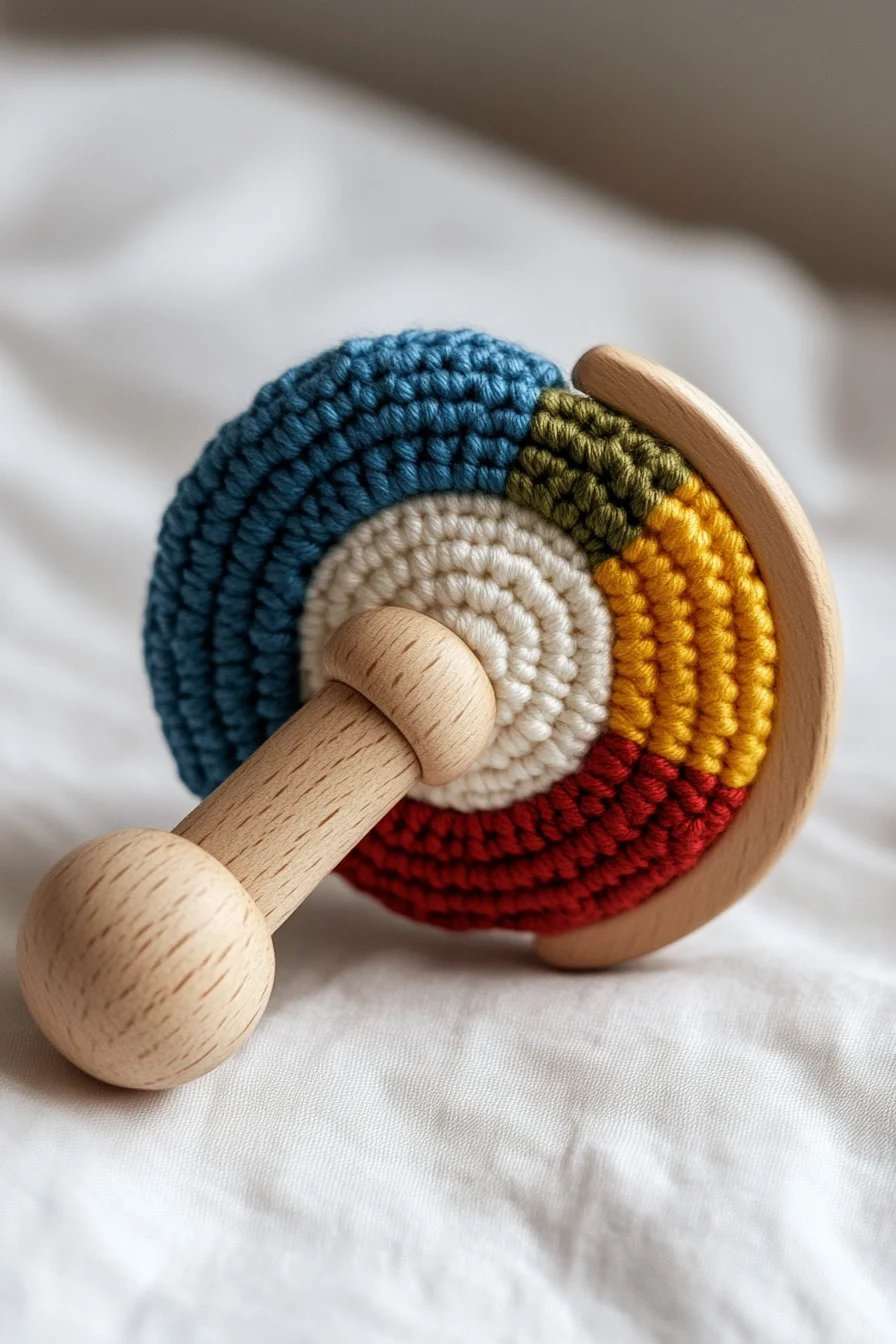Handmade modern rainbow amigurumi baby rattle featuring vibrant crochet stripes, cute design, and soft texture