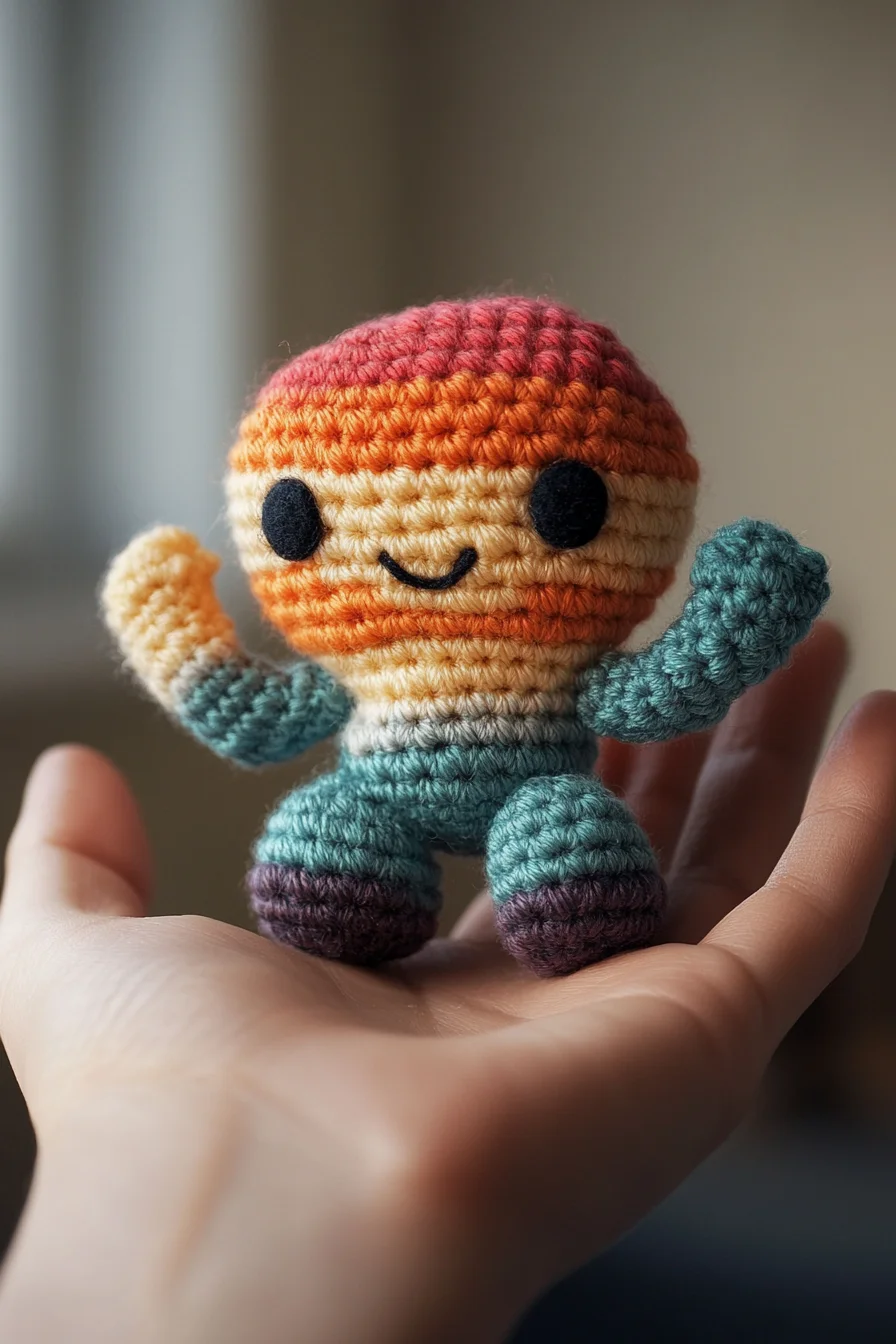 Colorful striped amigurumi doll with vibrant crochet patterns, handmade toy idea for cute beginner projects