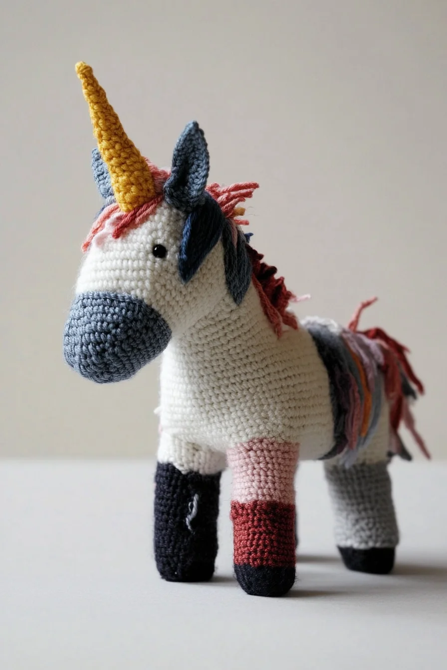 Whimsical crochet unicorn amigurumi with pastel rainbow mane, handmade toy pattern for cute amigurumi lovers