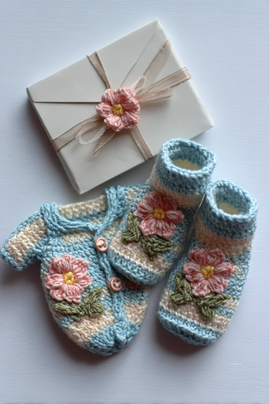 Amigurumi Crochet Baby Booties & Cardigan Set with 3D Flower Appliqué