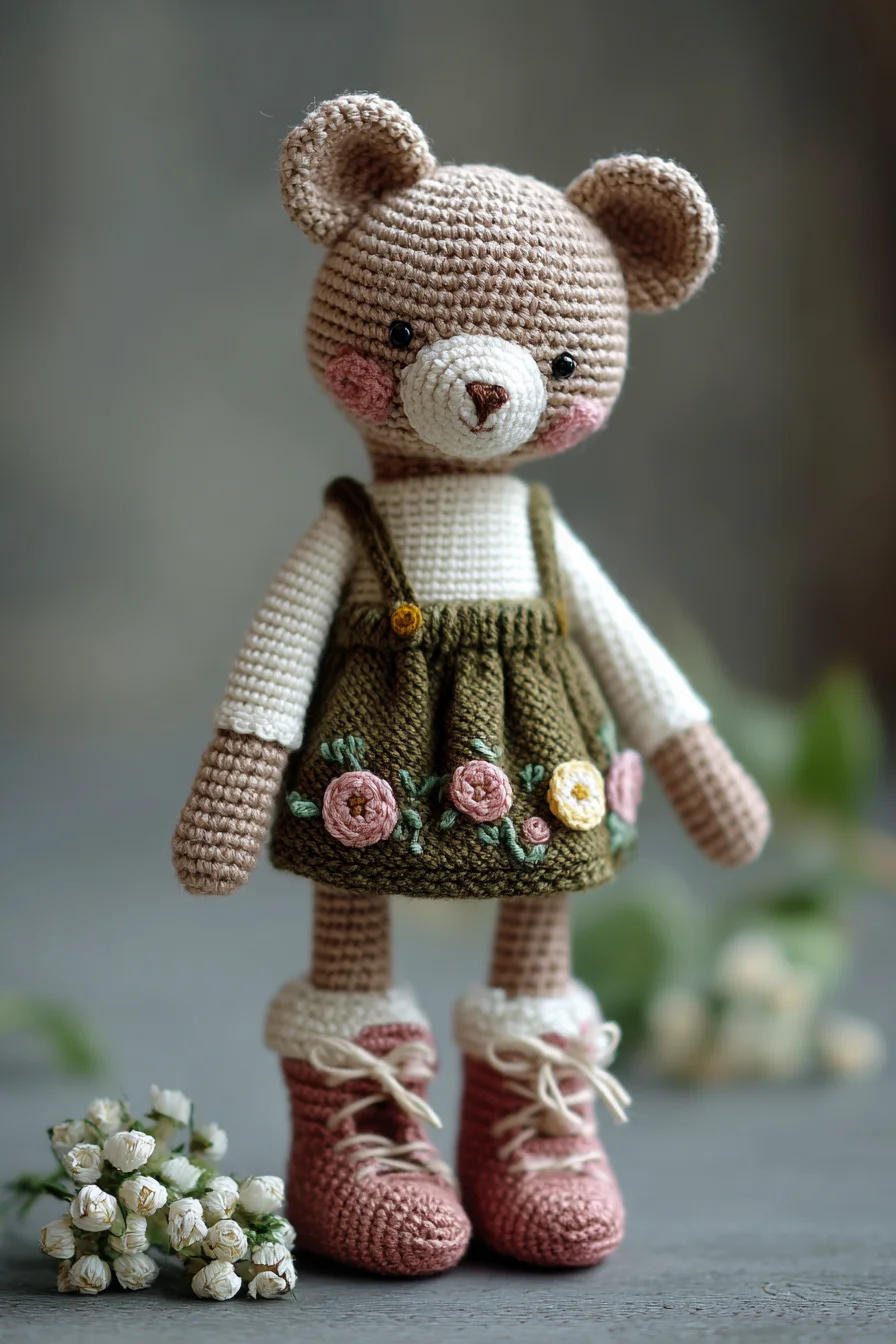 Amigurumi Crochet Bear Doll — Floral Dress, Embroidered Roses & Booties