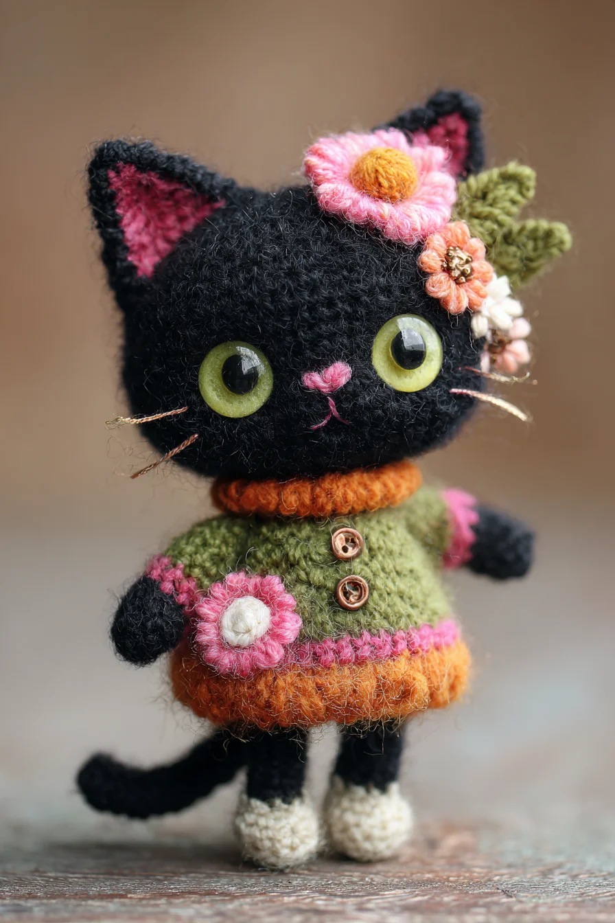 ## Amigurumi Crochet Black Cat Doll with Floral Outfit