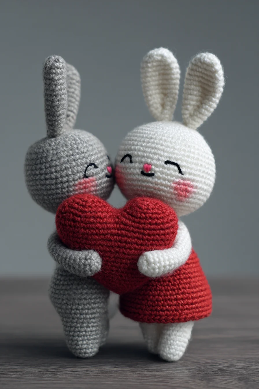 Amigurumi Crochet Bunnies Hugging Heart — Cute Plush Pattern