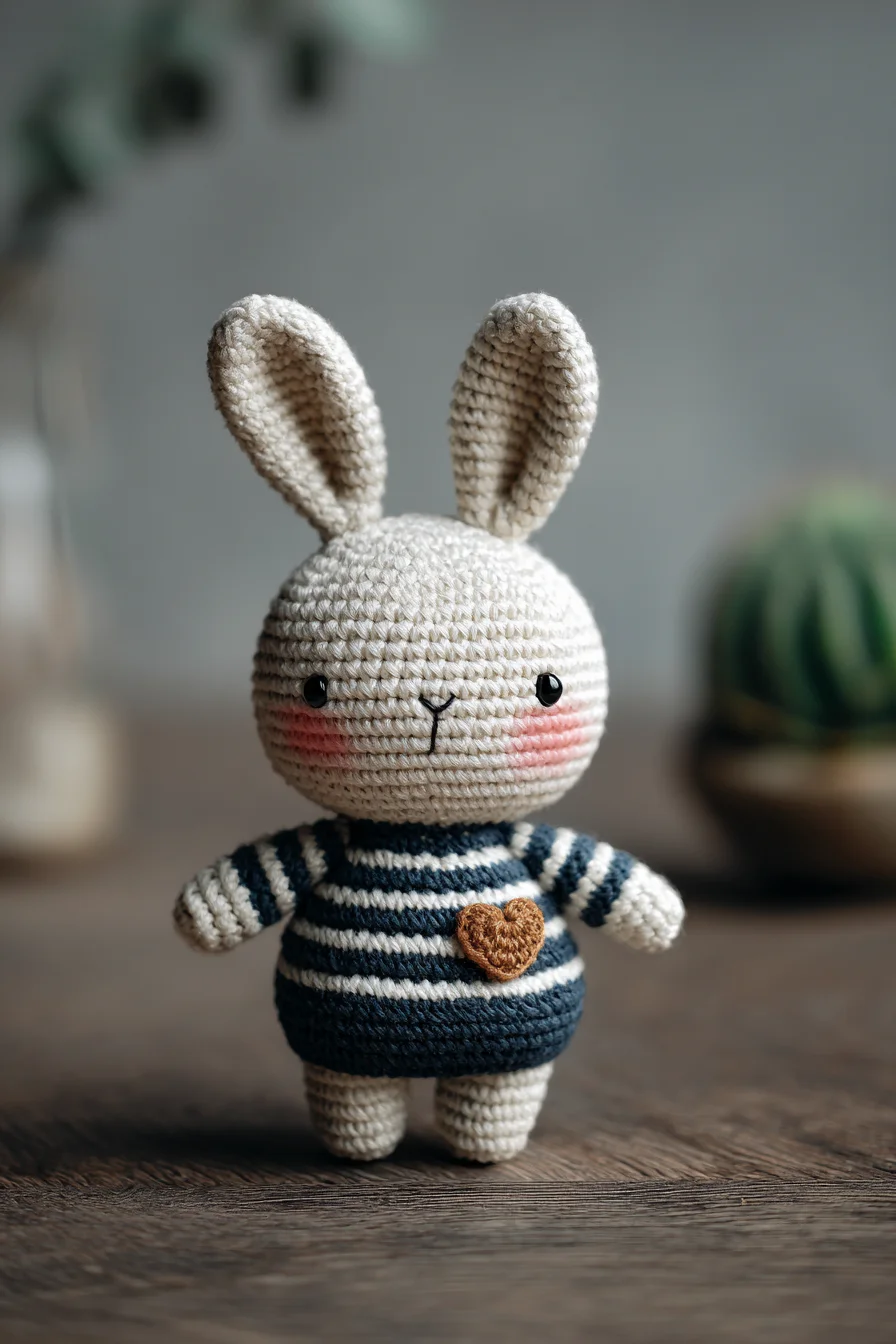 Amigurumi Crochet Bunny Doll – Striped Sweater with Heart Appliqué