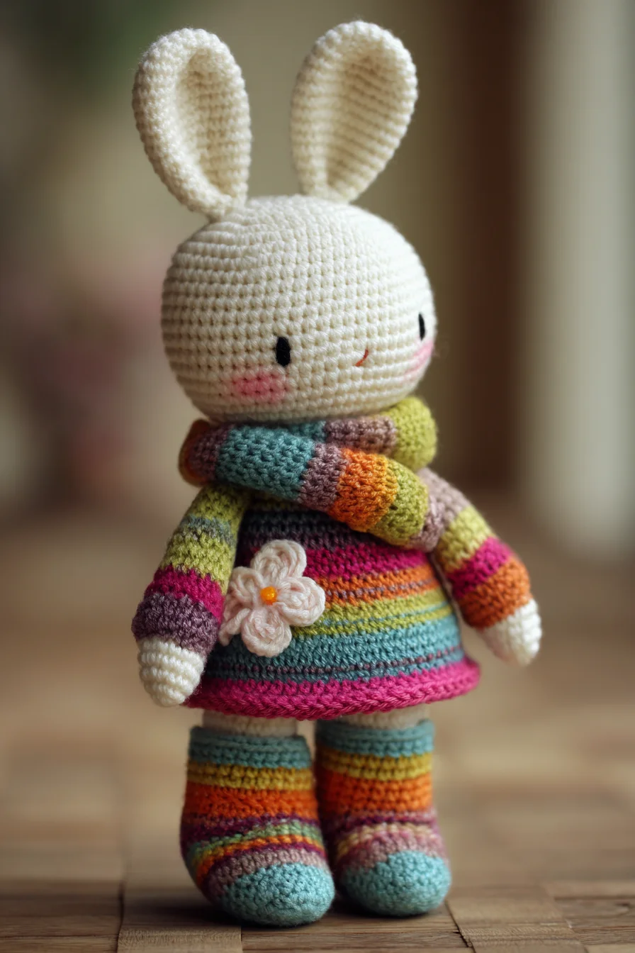 Amigurumi Crochet Bunny Doll with Striped Dress and Flower Appliqué