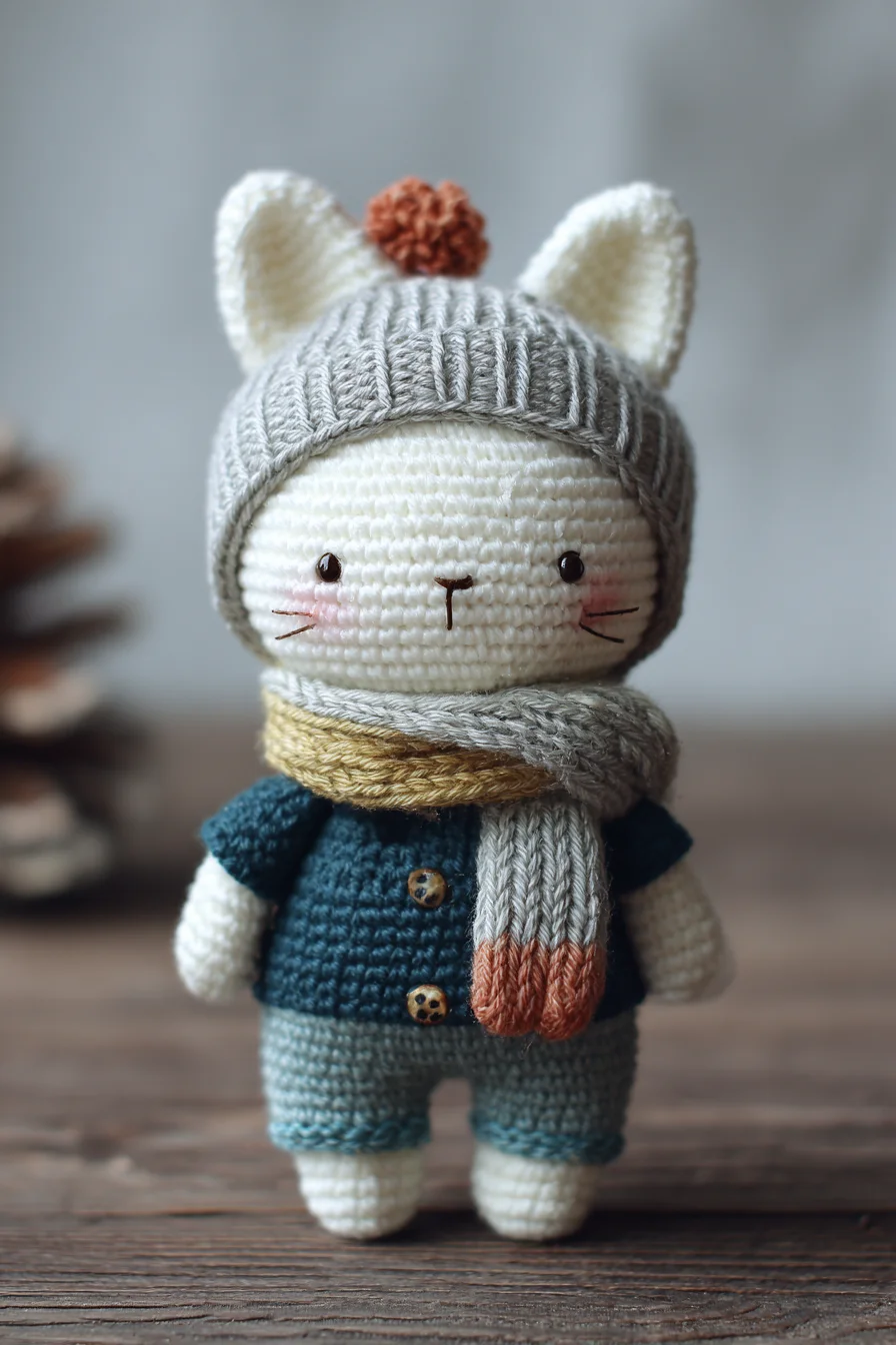 Amigurumi Crochet Cat Doll with Ribbed Hat and Scarf