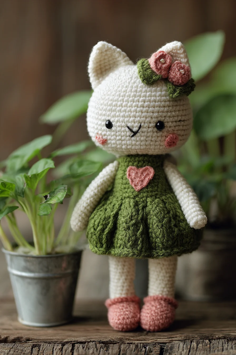 Amigurumi Crochet Cat Doll with Textured Dress and Flower Headband