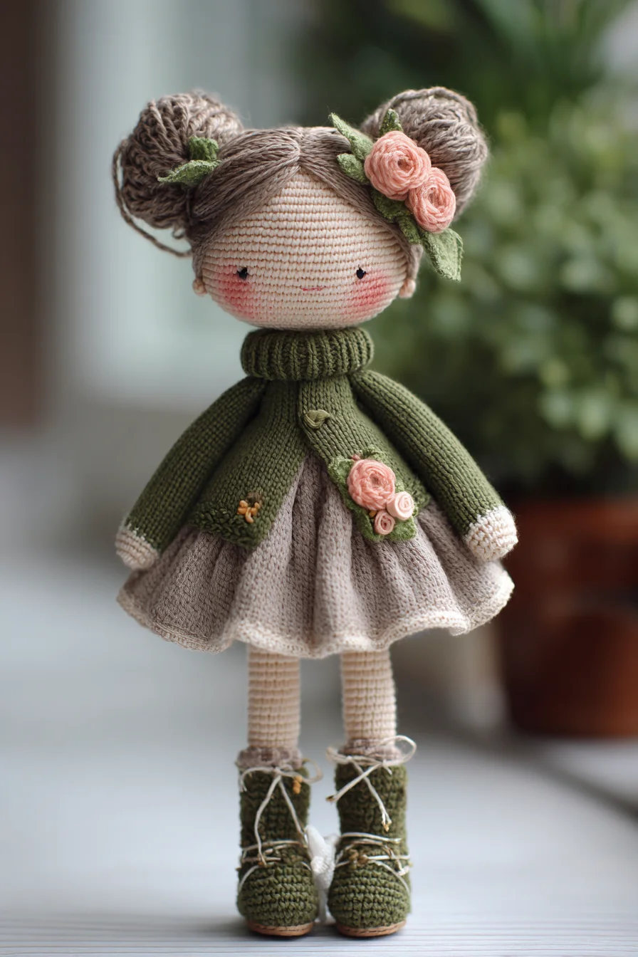 Amigurumi Crochet Doll: Floral Bun Doll with Removable Outfit and Boots