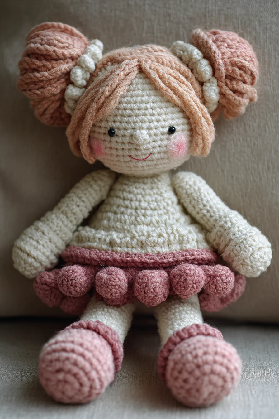 Amigurumi Crochet Doll: Soft Doll with Pom-Pom Skirt and Double Bun Hair