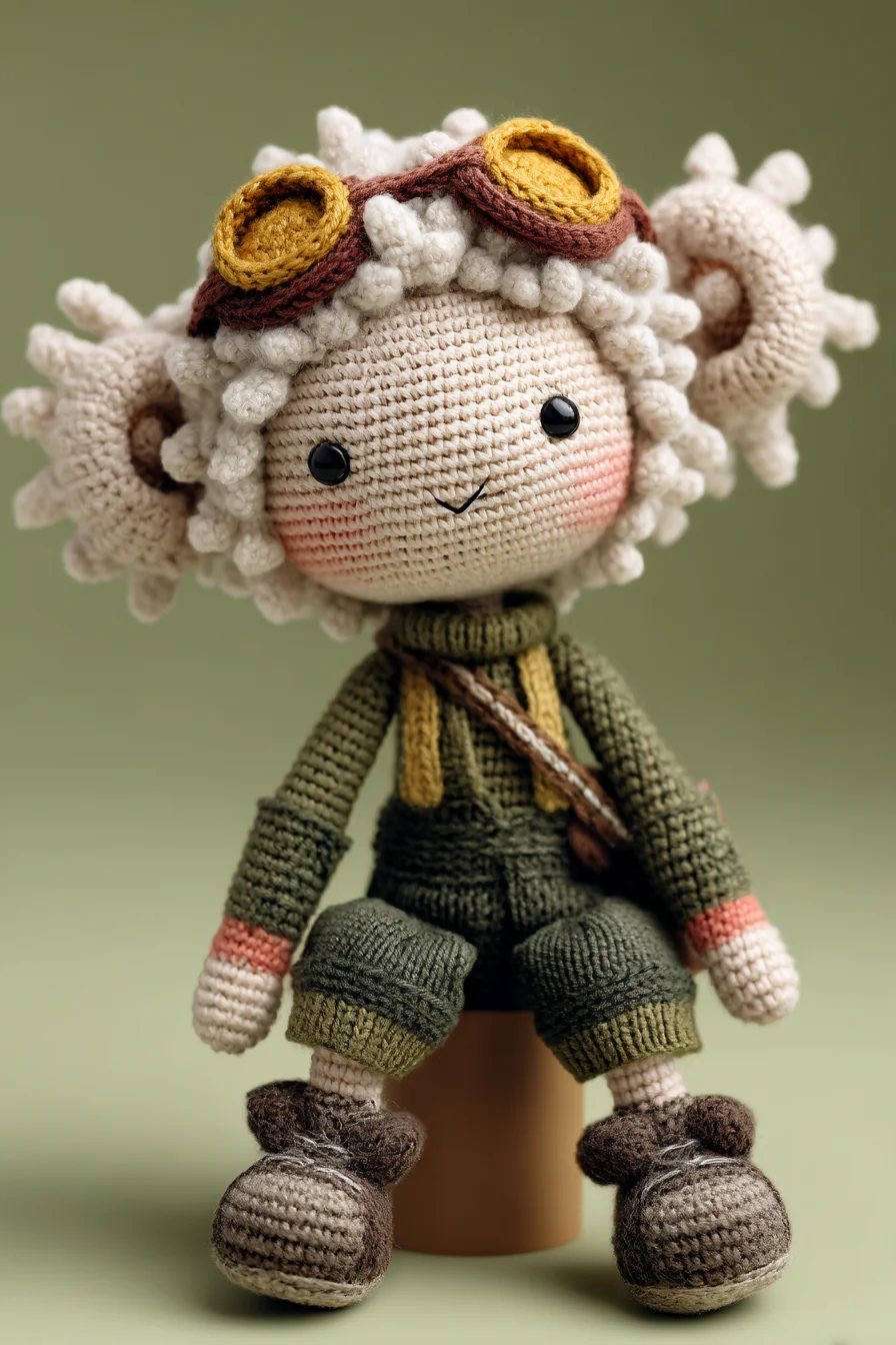 Amigurumi Crochet Doll with Ram Horns, Curly Hair & Steampunk Goggles