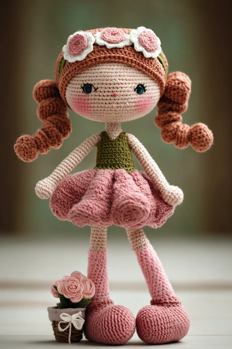 Amigurumi Crochet Doll with Ruffled Skirt and Spiral Pigtails