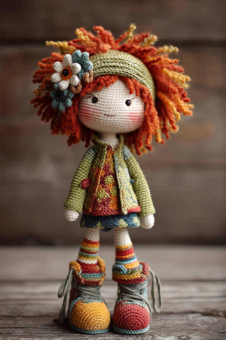 Amigurumi Crochet Doll with Textured Yarn Hair and Layered Outfit