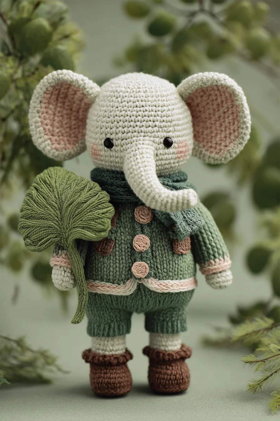 Amigurumi Crochet Elephant — Cute Plush Toy with Scarf & Leaf Accessory