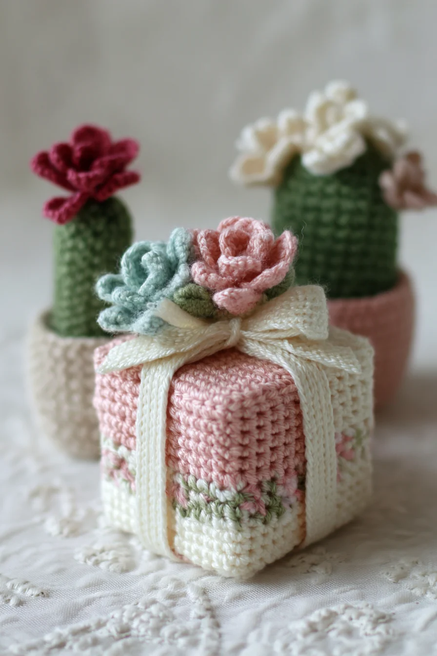 Amigurumi Crochet Gift Box with Floral Succulent Appliques
