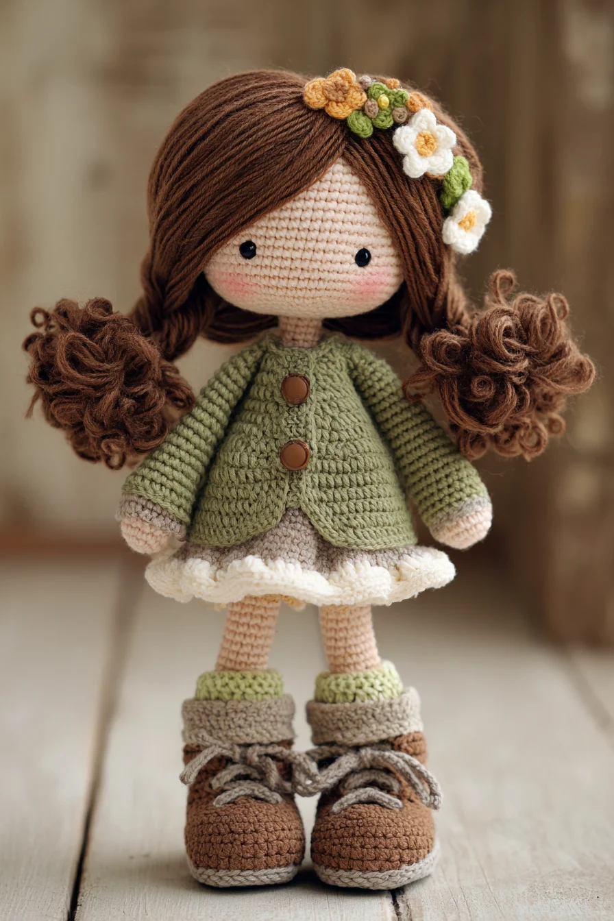 Amigurumi Crochet Girl Doll Pattern with Floral Headband and Jacket