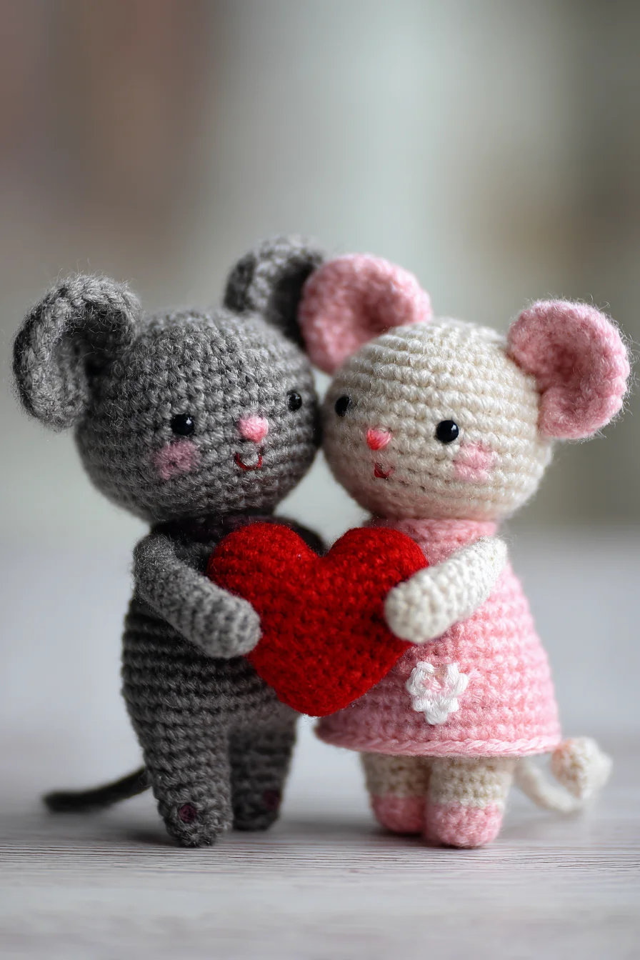Amigurumi Crochet Mice Couple Holding Heart — Cute Mouse Amigurumi Pattern