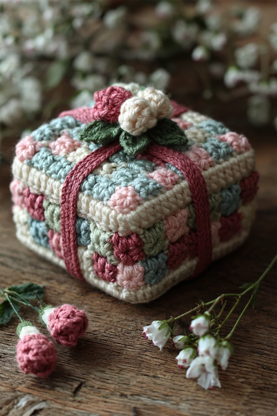 Amigurumi Crochet Mini Gift Box with Granny Squares and Roses